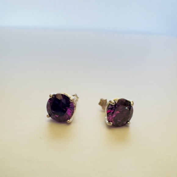 New Purple Round Cut CZ Sterling Silver Earrings - Picture 2 of 5